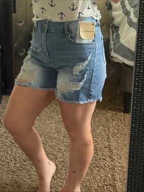M(6) Cherry Betty High-Rise Distressed Denim Shorts - Light Blue